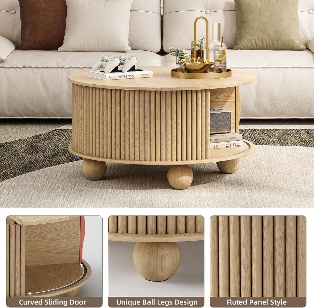 JOINICE 31.5" Round Coffee Table with Storage for Living Room,Natural Oak