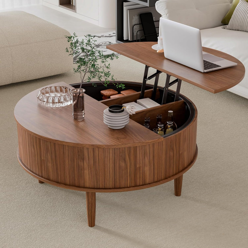 Round Fluted Lift Top Coffee Table with Storage, Mid Century Modern Coffee Ta...