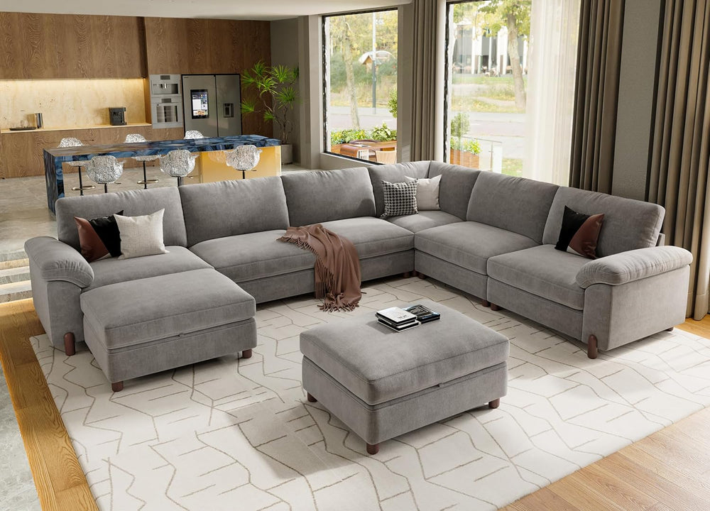SITJOY Cloud Couch Sectional, 6 Seater V-Shaped, Chenille in Light Gray | Det...