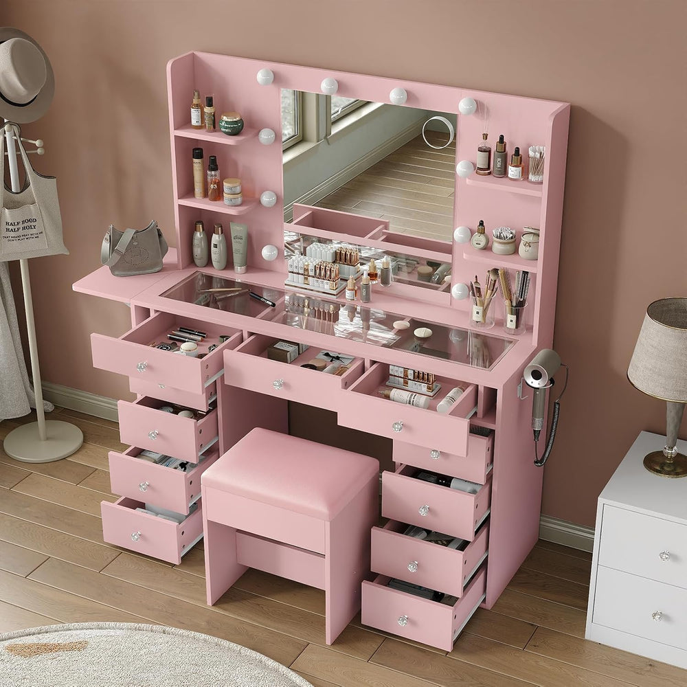 FUSOU Vanity Desk with Power Outlet, 11 Drawers Makeup Vanity with Lighted Mi...