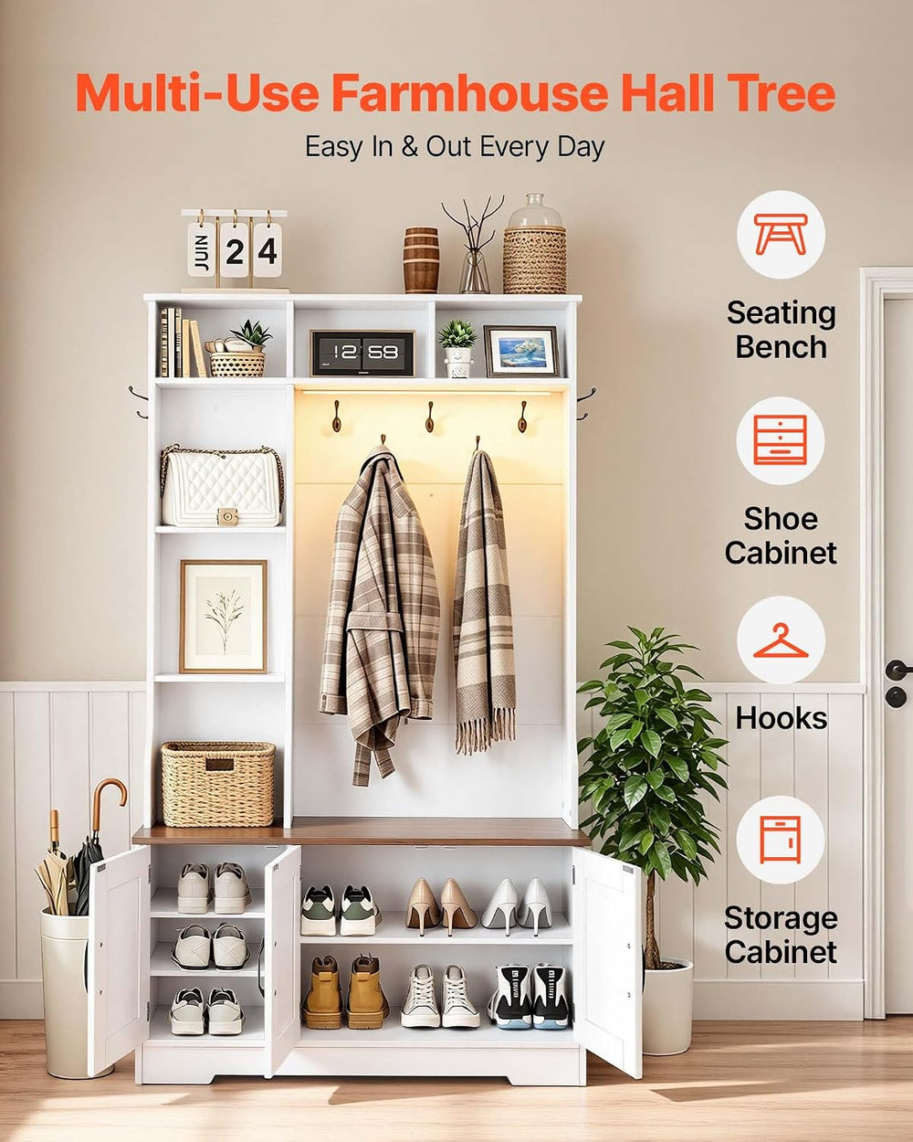 VEVOR Hall Tree with Bench and Shoe Storage, 39" Wide, Entryway Hall Tre...