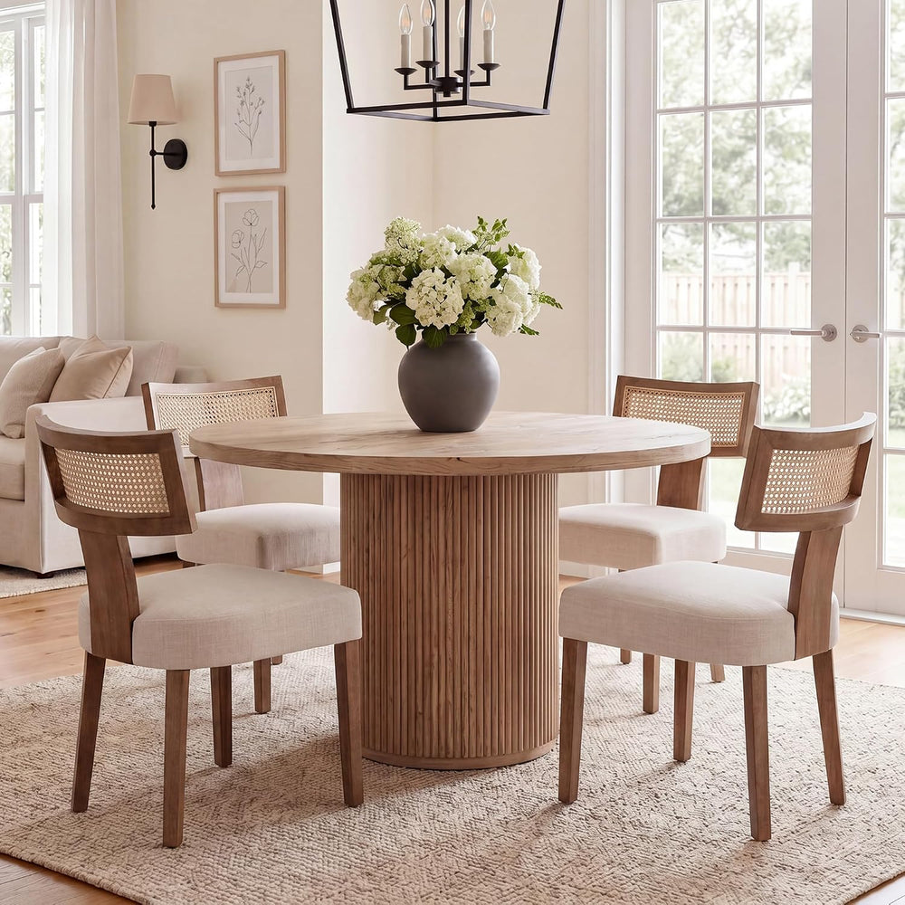 HNY Mid Century Modern Rattan Dining Chairs Set of 4, Linen Upholstered Kitch...
