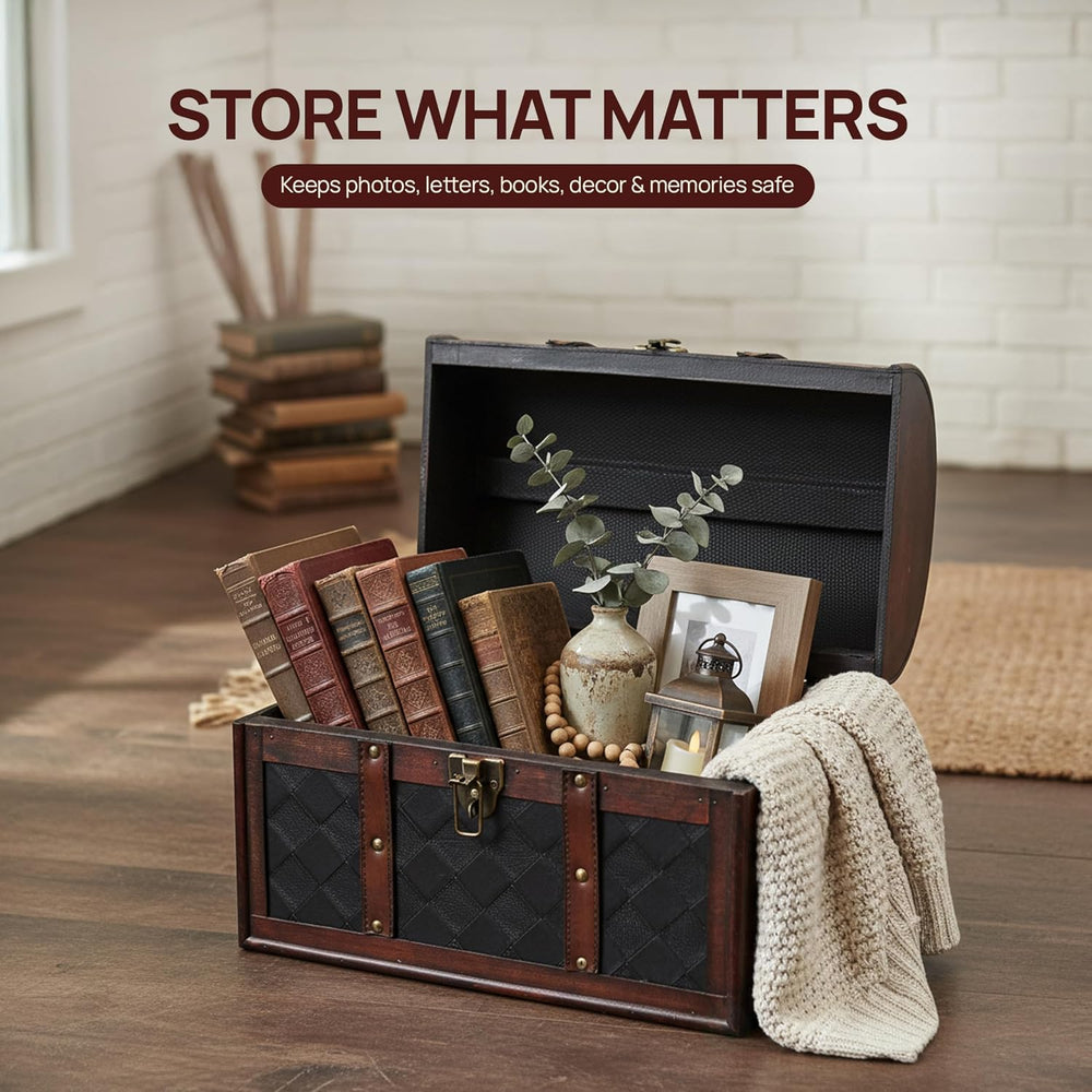 Vintiquewise Wooden Leather Treasure Chest Vintage Trunk, Small Storage Chest...