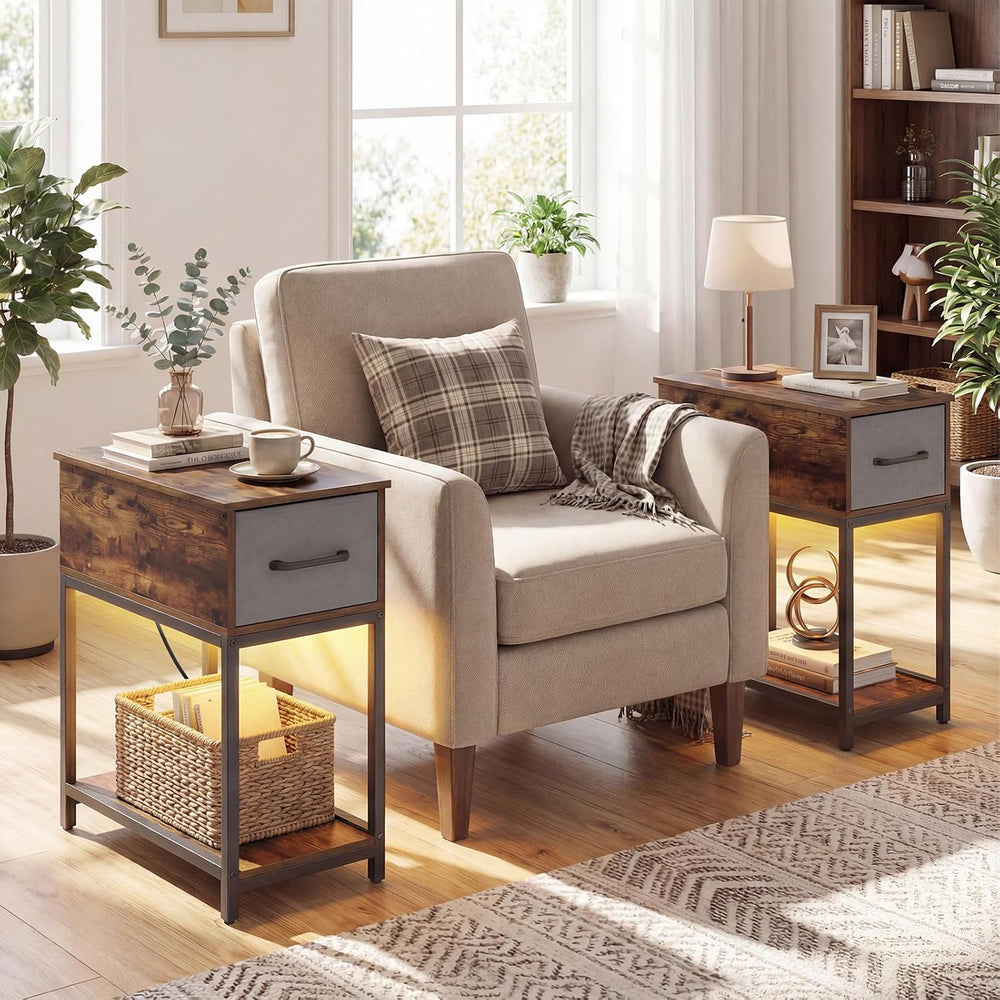 GOFLAME LED End Table with Hidden Charging Station, Narrow Compact Sofa Side ...
