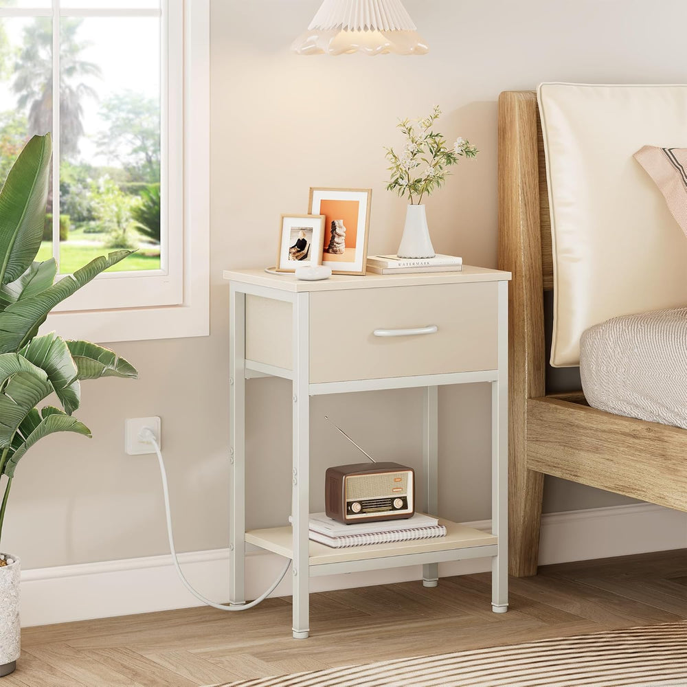 Vagusicc Nightstand with Charging Station, End Table with Fabric Drawer, Smal...