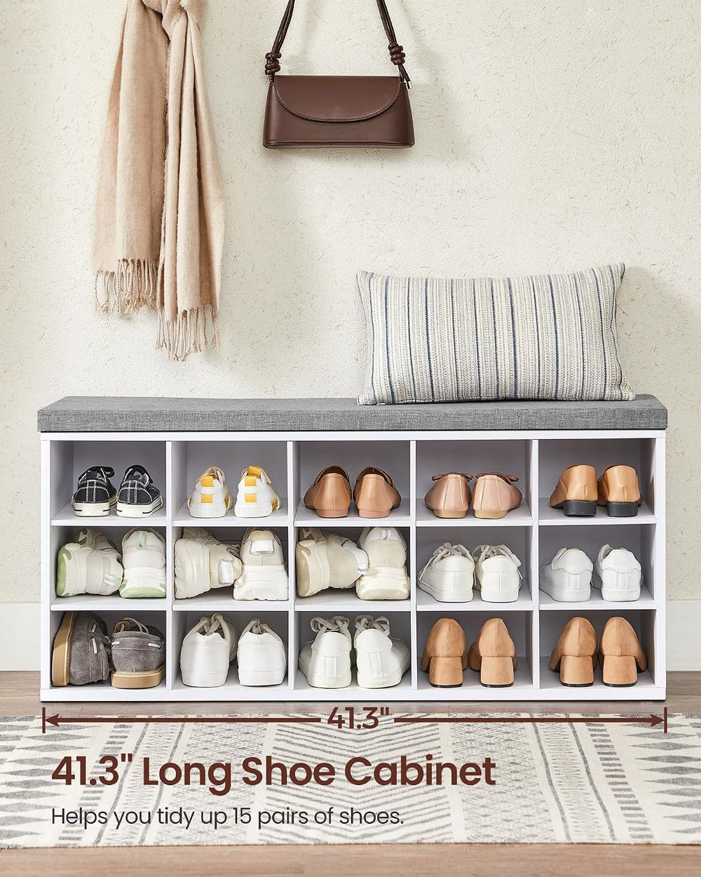 VASAGLE Shoe Bench with Cushion, 15 Compartments, 11.8 x 41.3 x 18.9 Inches |...