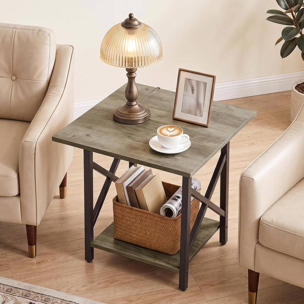 GreenForest 24 Inch Square End Table, X-Frame with Large 2-Tier Storage