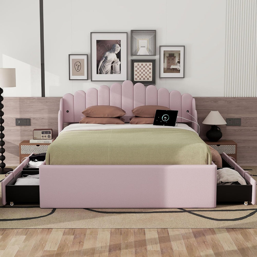 Queen Size Upholstered Platform Bed with 4 Drawers and 2 USB, Storage Platfor...