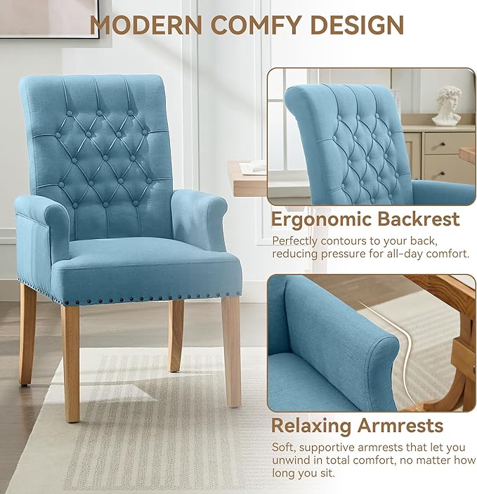 Fabric Dining Chair with Arms, Upholstered Tufted High Back Dining Room Chair...