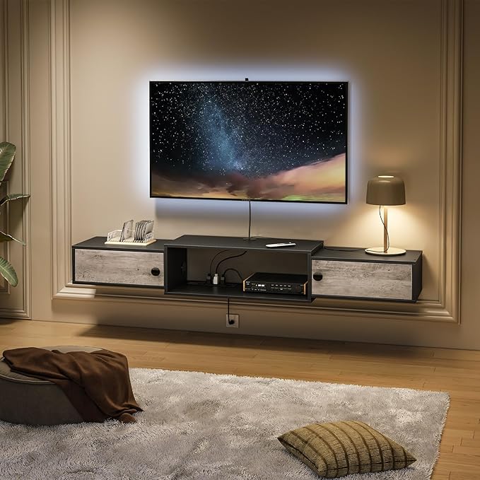 HOOBRO 55" Floating TV Stand with Power Outlets, Modern Wall Mounted Med...