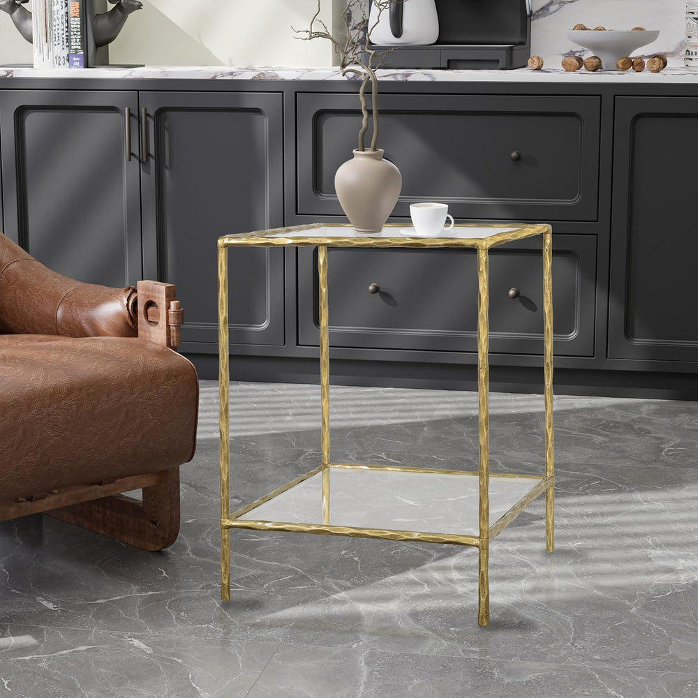 BEGINS Hand Forged Side Table 2 Tier, Vintage End Table Glass Top Coffee Tabl...