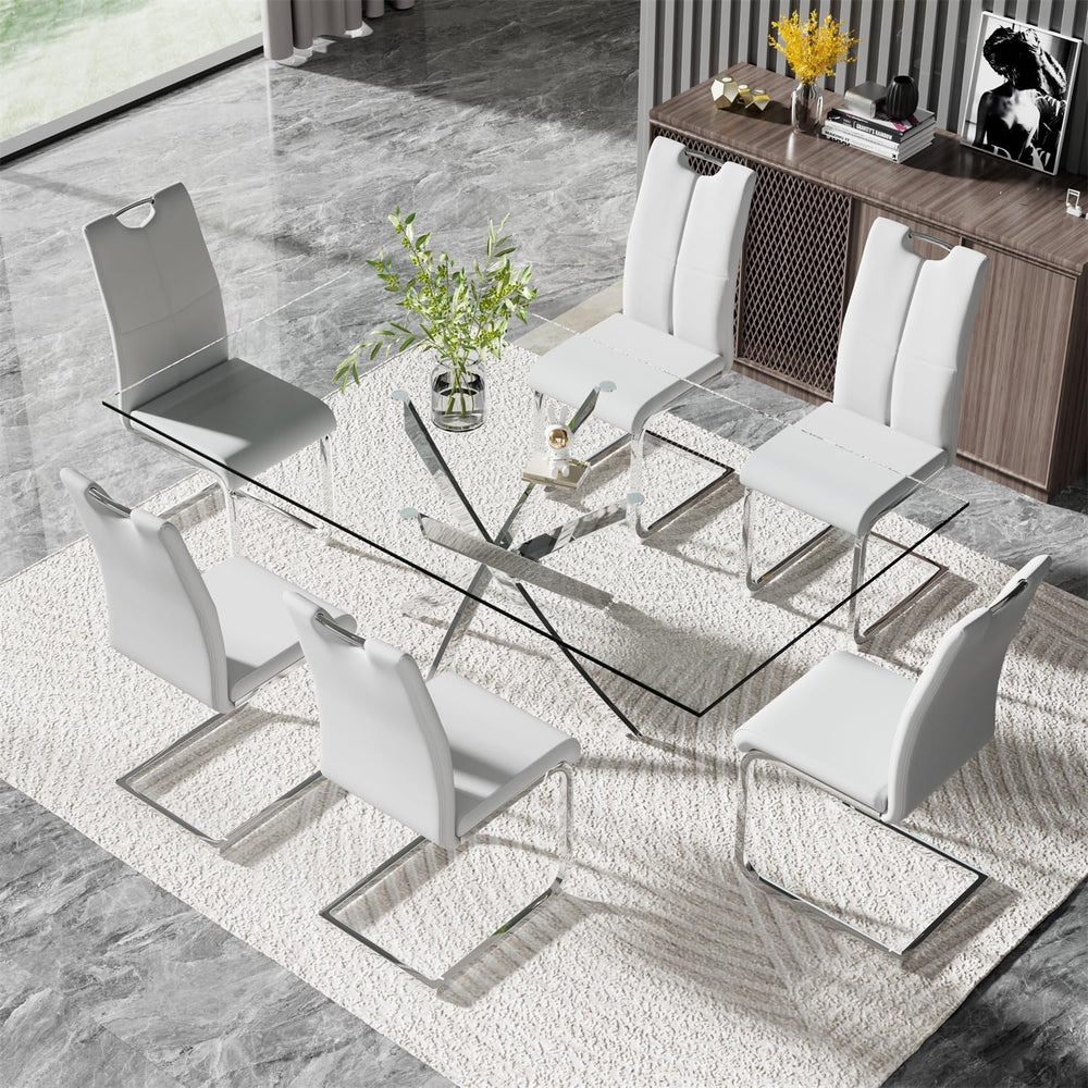 Modern 63 Inch Glass Dining Table Set for 6, 7 PCS Kitchen Table Set, Clear T...
