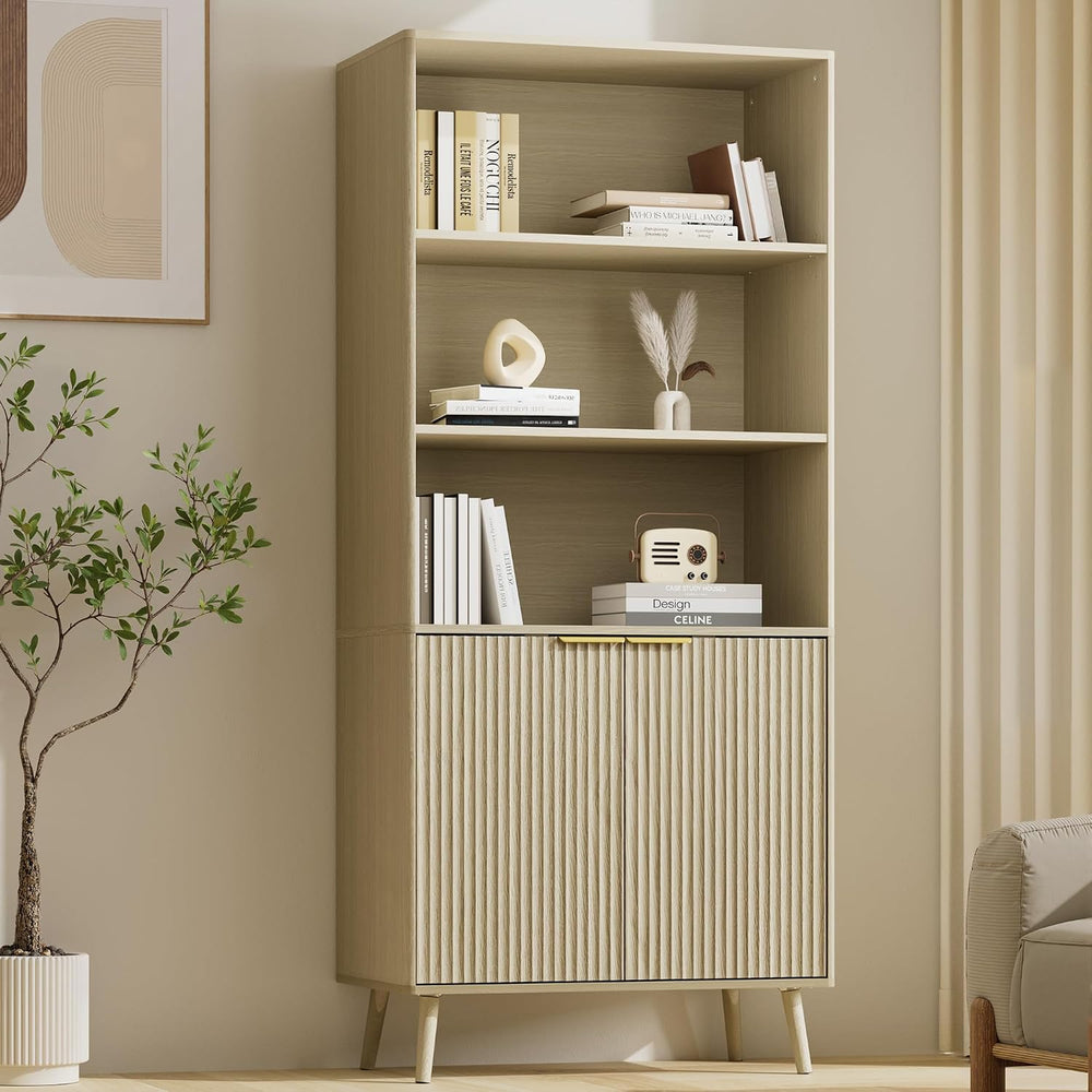 LYNSOM Beige Bookshelf, 70.9" Tall Book Shelf, 5-Tier Bookcase with Flut...