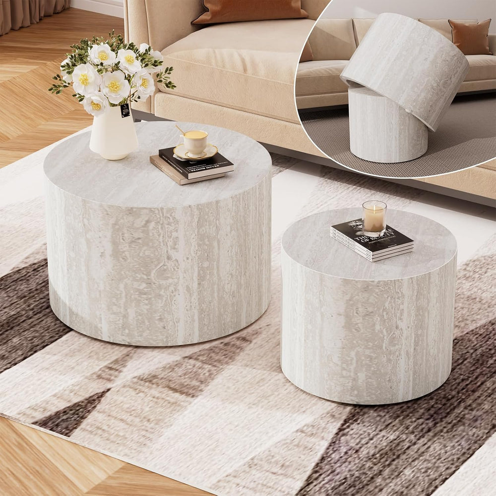 Round Wood Coffee Table Set of 2 Grey Travertine 18.2 inch | 2 Piece Round Wo...