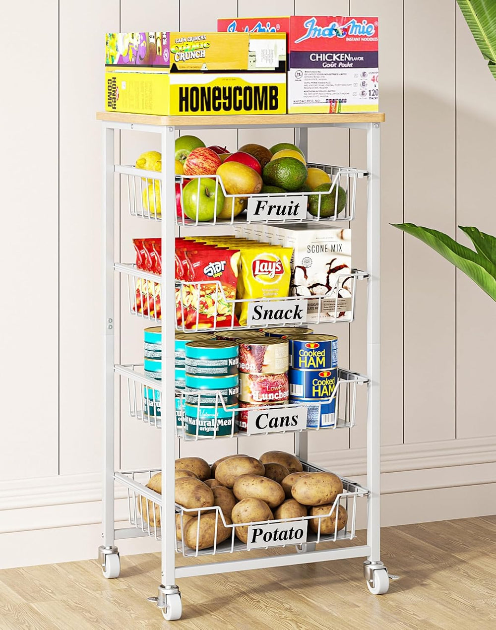OKZEST 5-Tier Kitchen Storage Cart with 4 Upgraded Drawer Basket & Wood T...