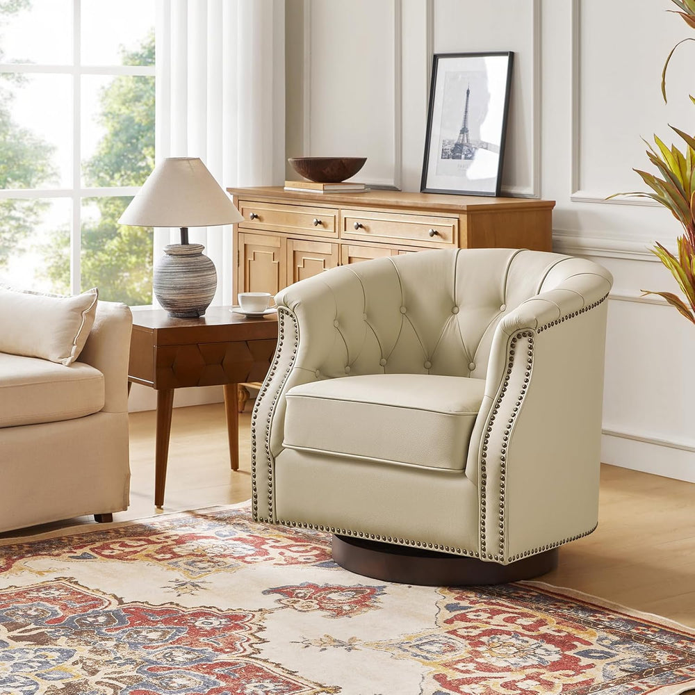 HULALA HOME Genuine Leather Swivel Rocker Chairs, Fully Assembled, Beige | Se...