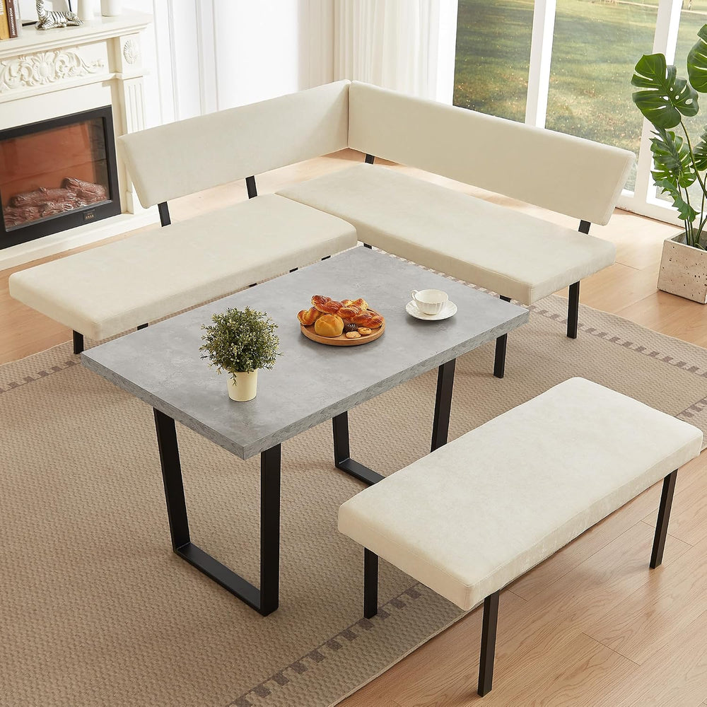 HIPIHOM 3-Piece Dining Table Set with Bench, Grey Table with Beige Bench | Th...