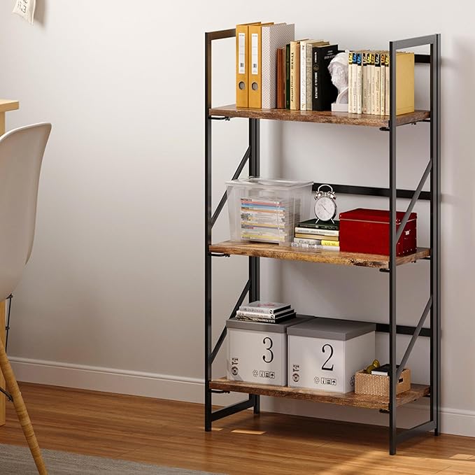 JSB No Assembly Folding Bookshelf, 3 Tier Industrial Metal Book Shelf for Sto...