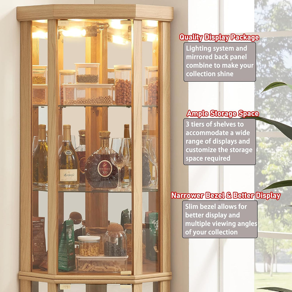 69" H Lighted Corner Display Cabinet, Curio Corner Glass Cabinet w/Adjus...