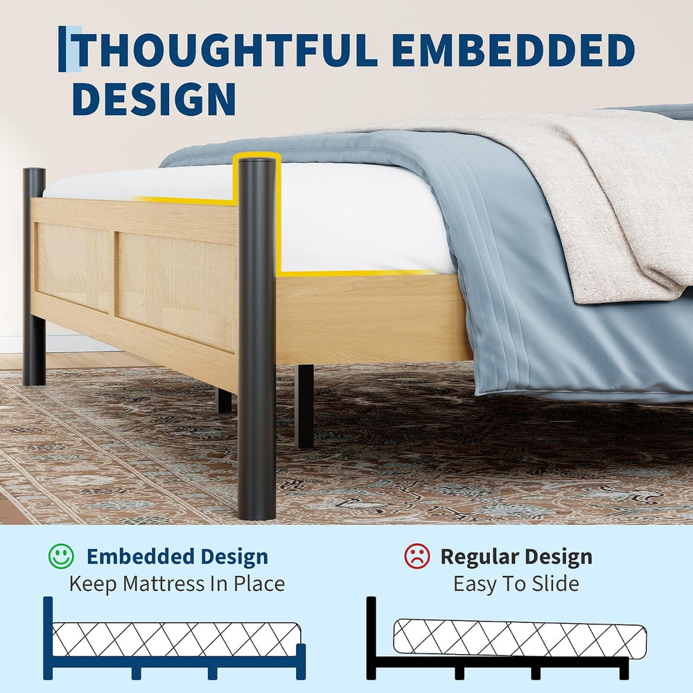 Rattan Queen Size Bed Frame, Wooden Platform Bed with Rattan Headboard