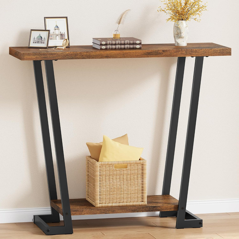 2 Tier Narrow Console Table, 31.5'' Entryway Table, Rustic Brown | In...