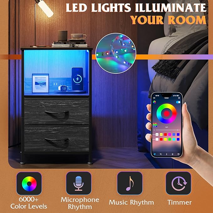 WLIVE Night Stand with Charger Station, LED Nightstand for Bedroom, Small Dre...