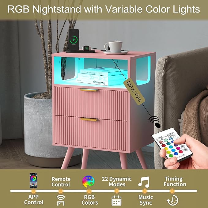 Pink Nightstand with Charging Station and LED Lights,Modern Bedside Table wit...
