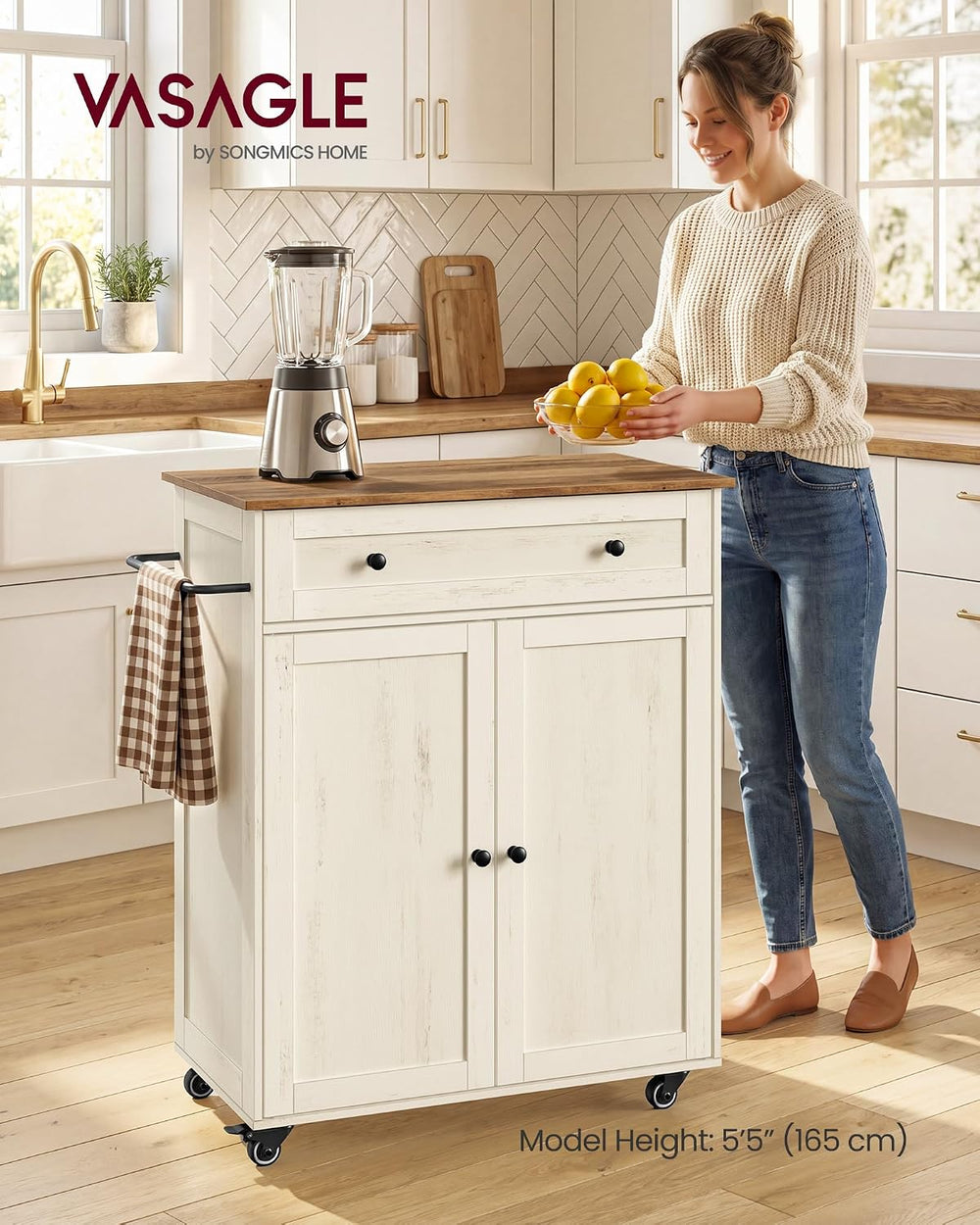 VASAGLE Mobile Kitchen Wooden Island Cart with Storage for Dining Room
