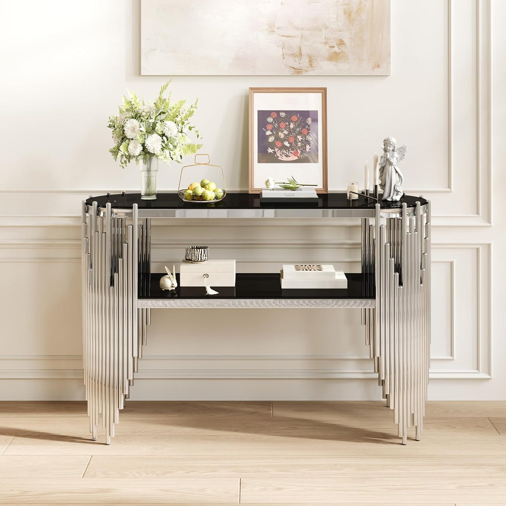 Modern Oval Console Table, 47 Inch Silver Sofa Tables with 2-Tier Black Tempe...