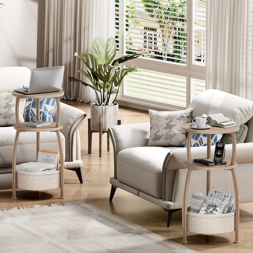 Small Side Table with Storage Basket, Space Saving Round End Table 3-Tier Bed...