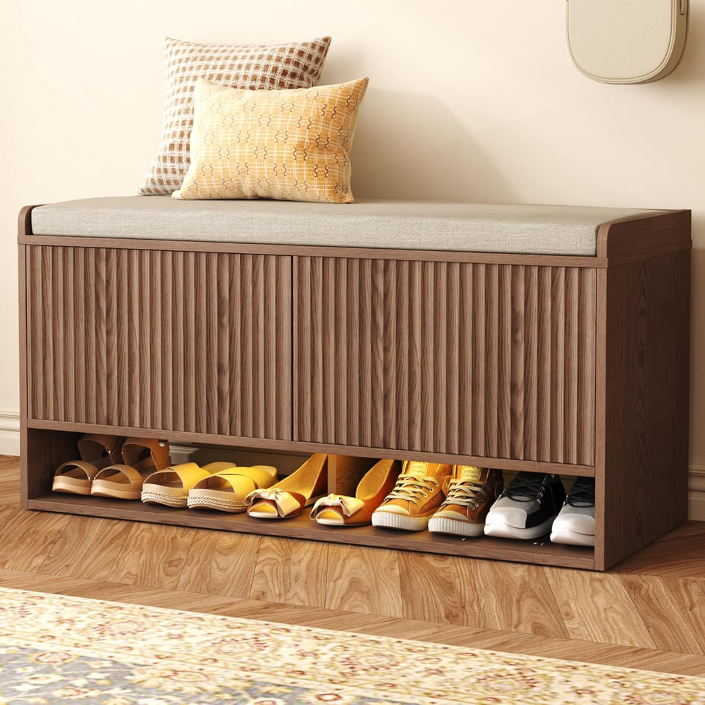 HOMEFORT 39.4" Fluted Shoe Storage Bench, Entryway Bench with Linen Seat...