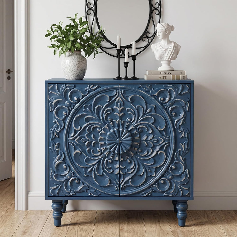 Blue Distressed Carved Accent Cabinet,2 Door Storage Sideboard for Entryway