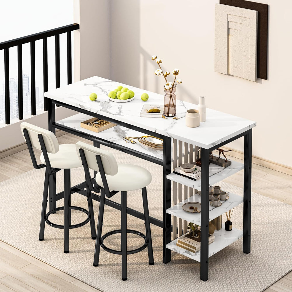 AWQM 3-Piece Bar Table and Chairs Set, Modern White Faux Marble Table with 2 ...