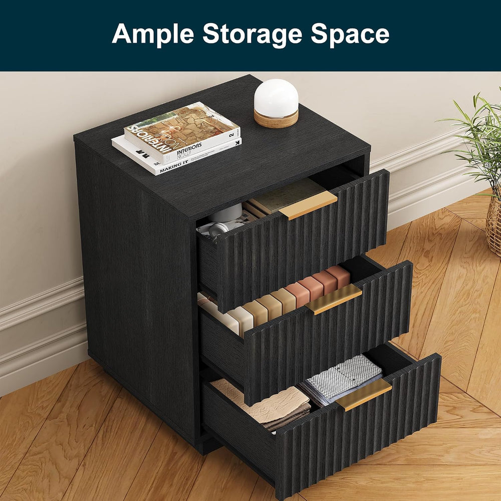 RoyalCraft Black Fluted Nightstand, Modern Bedside Table with 3 Large Storage...