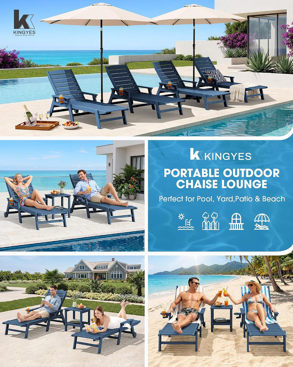 KINGYES HDPE Lounge Chair Outdoor Set of 2, All Weather Pool Lounger
