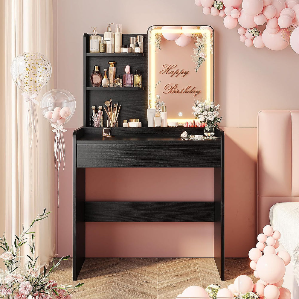Memobarco Black Small Makeup Vanity Desk with Drawer & Storage Shelves | ...