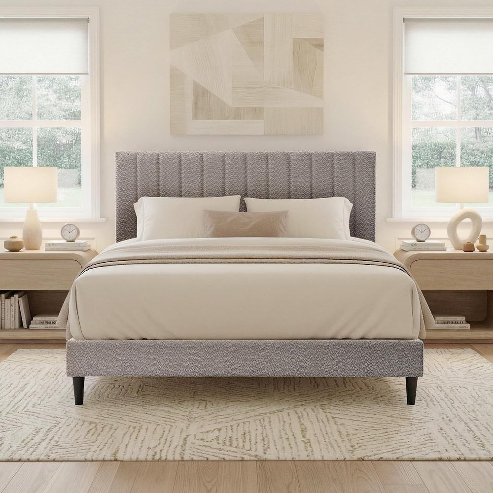 Queen Upholstered Platform Bed Frame, Tufted Channel Headboard, Soft Boucle F...
