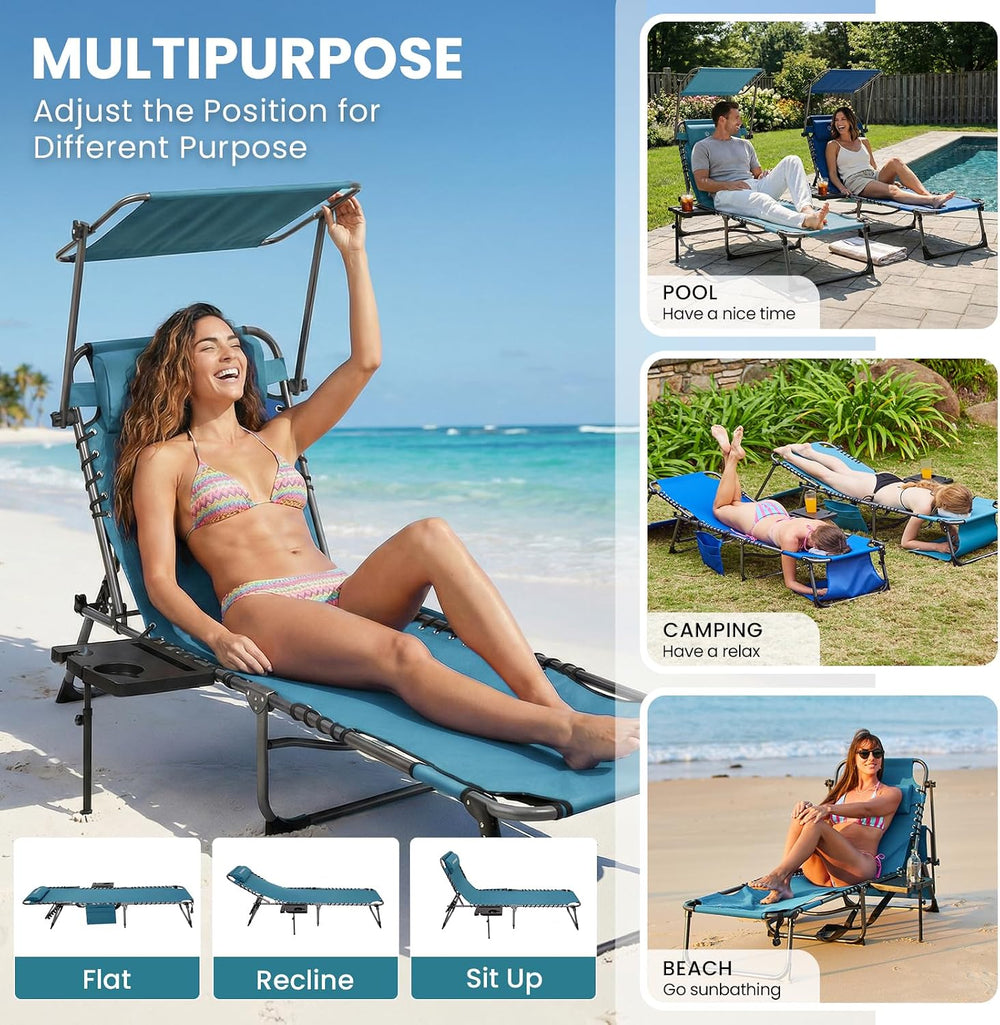 FUNDANGO Heavy Duty Tanning Chair with Face Hole & Canopy, 400lbs Beach L...