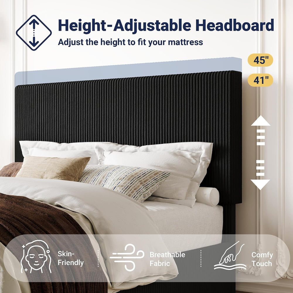 Allewie Queen Bed Frame, Adjustable Corduroy Headboard, Platform, Black