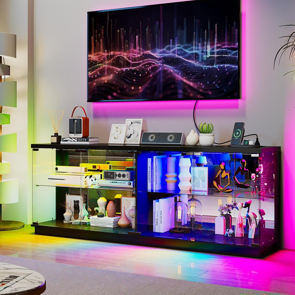 HNEBC 71" Glass TV Stands with Charging Station&Light for Living Roo...