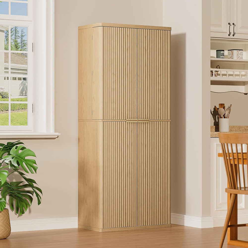 Modern Fluted Wood Pantry Cabinet with 6 Adjustable Shelves & 8 Door-Moun...
