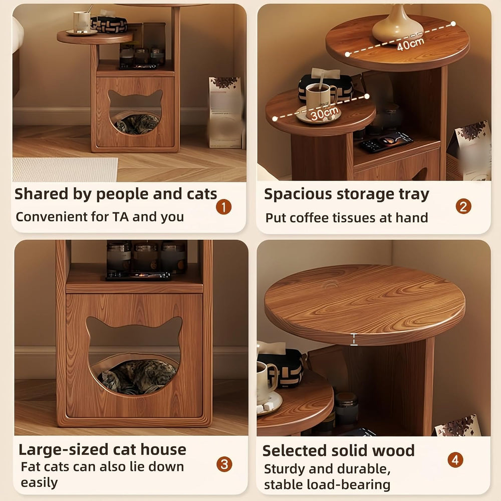Cat Tree and End Tables, Cat Nightstand, Wooden Round Side Table wiht Cats Ho...