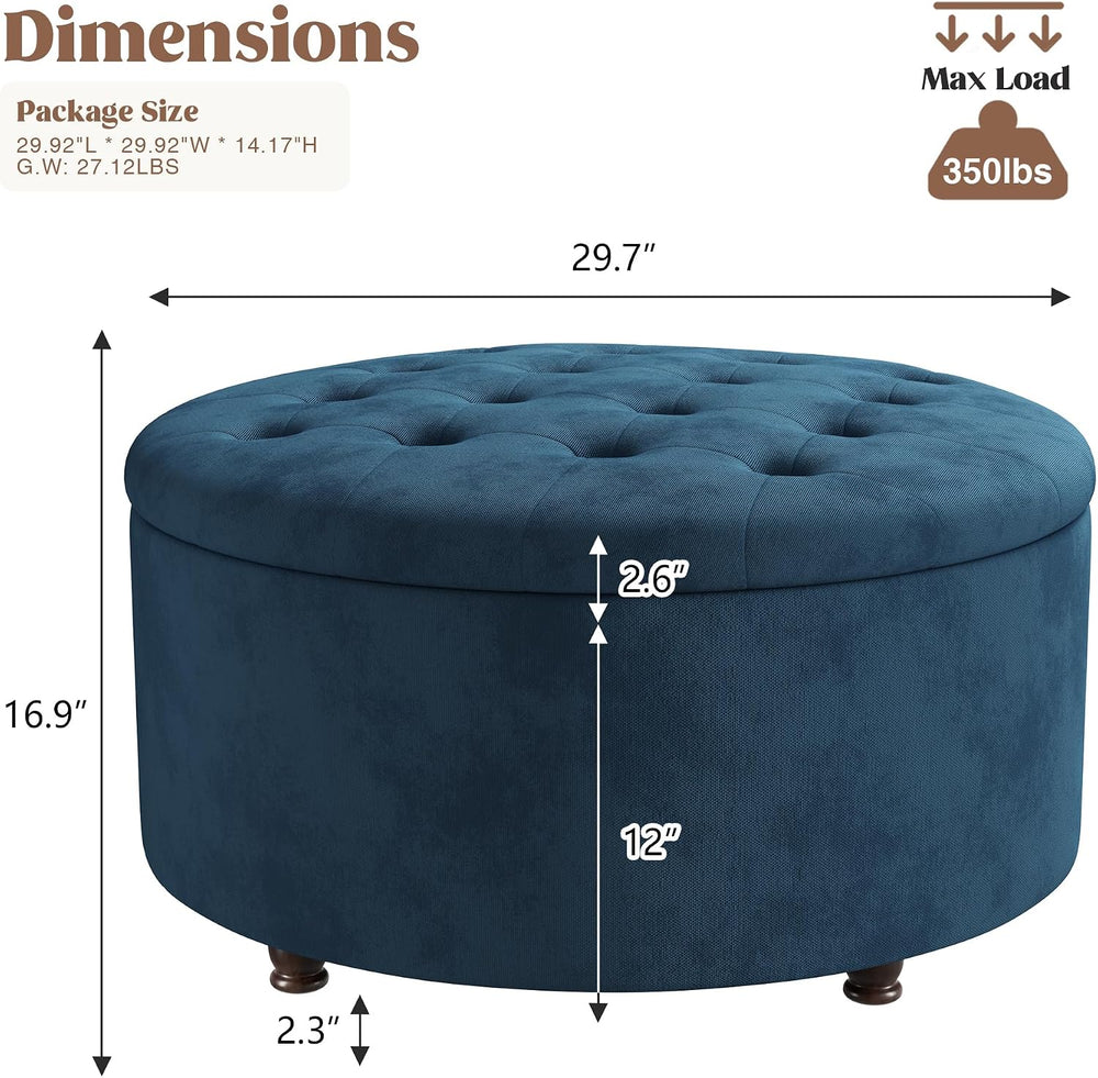 30 Inch Round Storage Ottoman,Modern Blue Tufted Ottomans,Circular Coffee Tab...