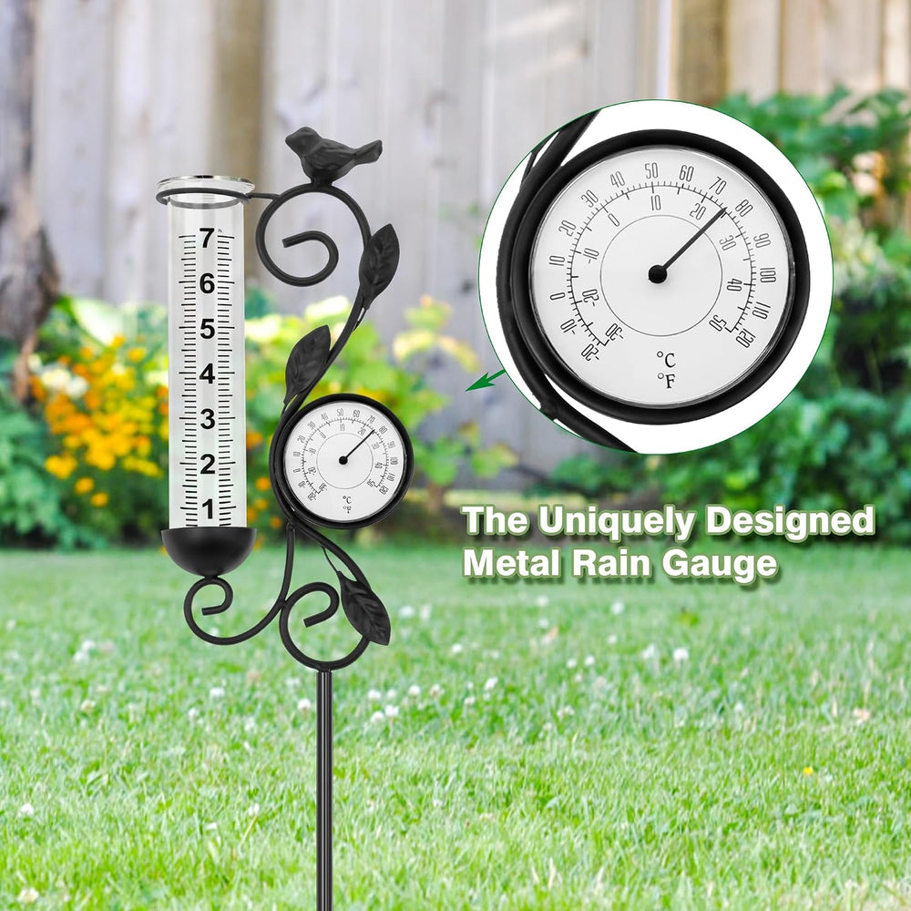 36in Black Bird Rain Gauge Thermometer Metal Garden Stake Decor