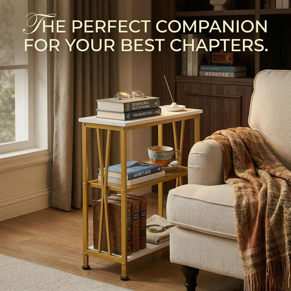 Narrow Side Table, End Table with 3 Tier Storage Shelves, Industrial Rustic A...
