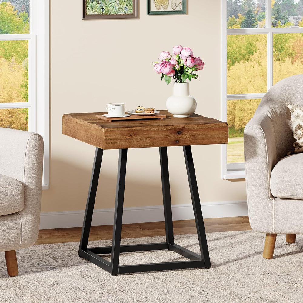 2pcs Solid Wood End Table, 19.7" Square Side Table with Metal Frame, Ind...