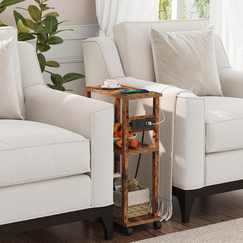 TUTOTAK Small Narrow Side Table with Charging Station, Skinny End Table for S...