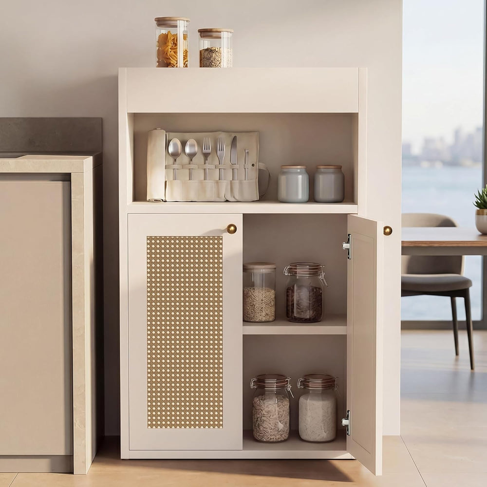 Rattan Bathroom Storage Cabinet, Freestanding Floor Organizer with Anti-Tip D...