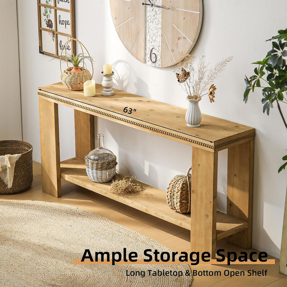 Console Sofa Table with Storage, 63" Long Wood Console Table with Beaded...