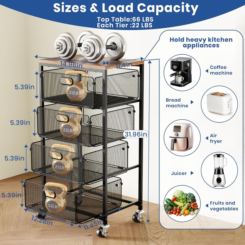 Goovilla Kitchen Cart with Drawers, 4 Tier Metal Rolling Utility Cart Organiz...